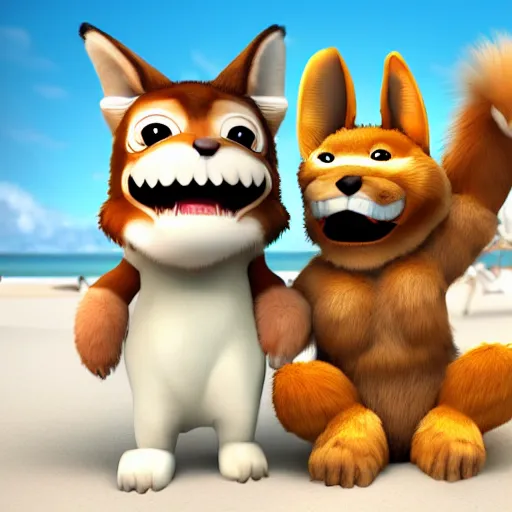 Image similar to a photorealistic adorable fierce furry monster with long fur long floppy rabbit ears chubby body and wolf body and wolf legs with thick stubby claws, Smiling at the camera with a mischievous grin, happy lighting, at a tropical beach