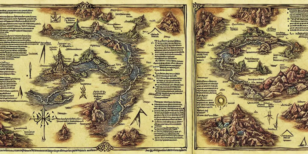 Image similar to insane ancient mystical instructional maps, elven secrets, full color,