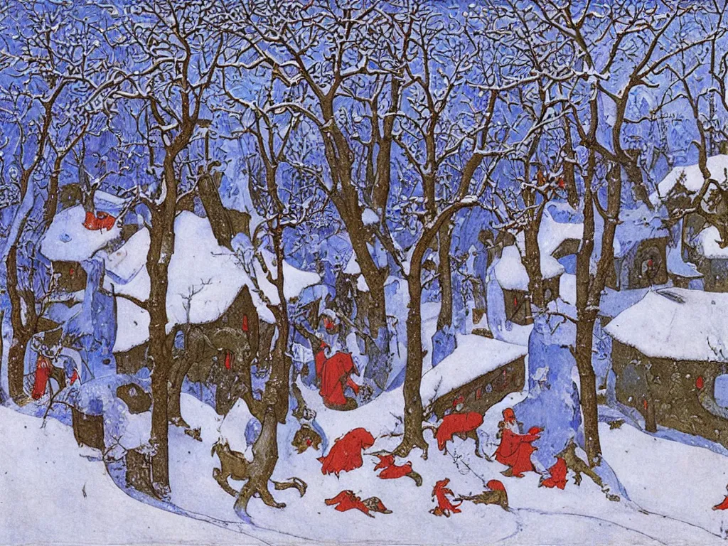 Prompt: winter scene with dragon. painting by limbourg brothers