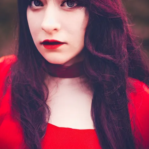 Prompt: portrait of a woman with long black hair and red eyes, wearing a red dress, 8k, close up shot, detailed face, beautiful, cinematic lighting, film, high quality, depth of field, dark colors,