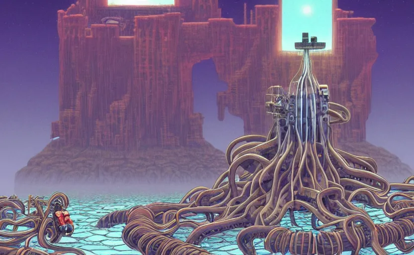 Image similar to a realistic cell - shaded studio ghibli concept art from paprika ( 2 0 0 6 ) of a flying intelligent multi - colored mechanical octopus from close encounters of the third kind ( 1 9 7 7 ) in a flooded monument valley. very dull colors, wide shot, hd, 4 k, hq