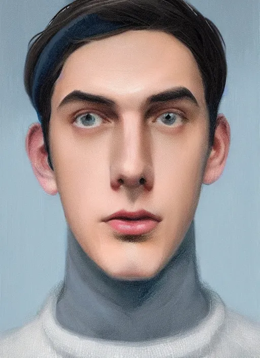 Image similar to portrait of teenage jughead jones wearing a light grey crown, crown, blue turtleneck, 1 9 5 0 s, closed eyes, photorealistic, black hair, glowing lighting, intricate, elegant, glowing lights, highly detailed, digital painting, artstation, concept art, smooth, sharp focus, illustration, art by wlop, mars ravelo and greg rutkowski