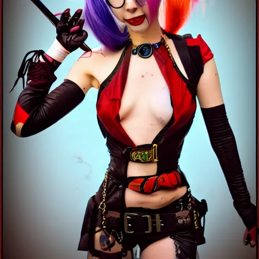 Prompt: harley quinn, steampunk anime style illurstration, 4 k, natural lighting, standing on the horizon