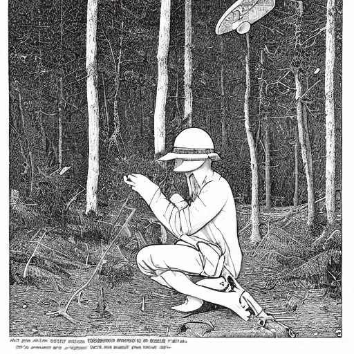 Image similar to frog with bucket hat squatting in the forest. plane in the sky far away. artwork by moebius, georges de la tour