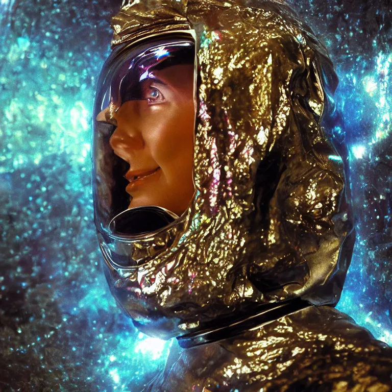 Prompt: octane render portrait by wayne barlow and carlo crivelli and glenn fabry, subject is a woman covered in tie - dye aluminum foil space suit with a iridescent metallic space helmet, inside a giant huge cavernous brutalist cement palace, cinema 4 d, ray traced lighting, very short depth of field, bokeh