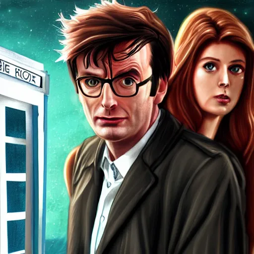 Prompt: The Tenth Doctor stepping out of the Tardis with his companion Rose, artstation