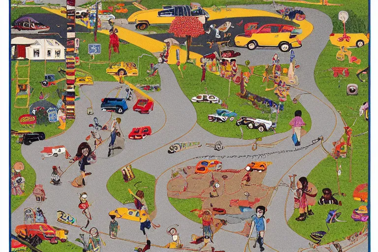 Image similar to an elaborate kids road map carpet rug, detailed, penned illustrations, by wes anderson and geoff darrow!!!!!