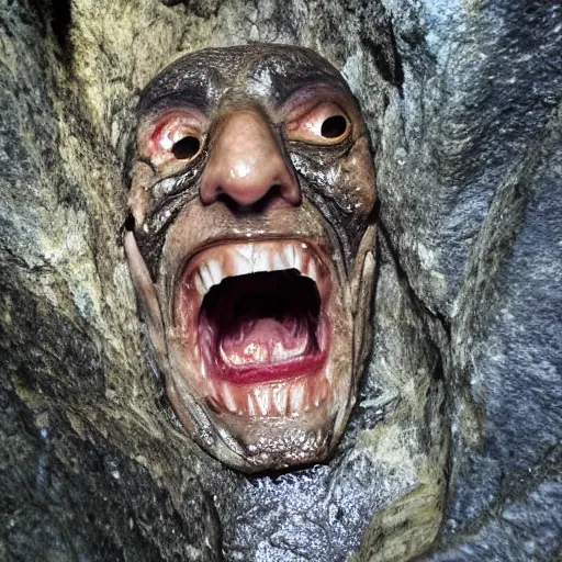 Image similar to photo inside a cavern of a wet reptilian humanoid trump partially hidden behind a rock, with black eyes, open mouth and big teeth