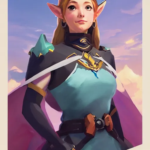 Image similar to greg manchess portrait of zelda as overwatch character, matte painting, bold shapes, hard edges, by huang guangjian, gil elvgren, sachin teng. in a beautiful landscape full of emotions, cgsociety masterpiece, artstation trending, by rossdraws, ghibli, kimi no na wa, greg rutkowski, simon stalberg, greg manchess