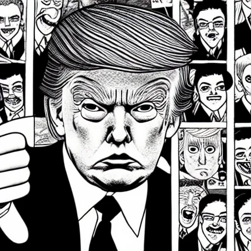 Image similar to donald trump pointing to someone, hyper detailed, in the style of junji ito and and junji ito and junji ito, selfie