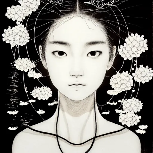 Image similar to prompt: Balck and white Fragile looking vessel portrait face drawn by Katsuhiro Otomo, beautiful girl in lake with shining face super detailed, nymph in the water performing alchemy, small flowers and cables and wire around and on the side with artifacts and ancient book, intricate oil painting, soft light, white background, intricate detail, intricate oil painting detail, sharp high detail, manga and anime 2000