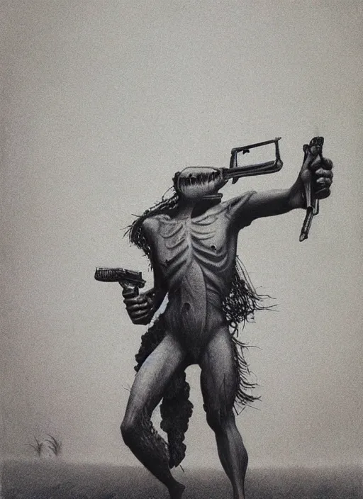 Image similar to unggoy holding gun, in the style of zdzisław beksinski