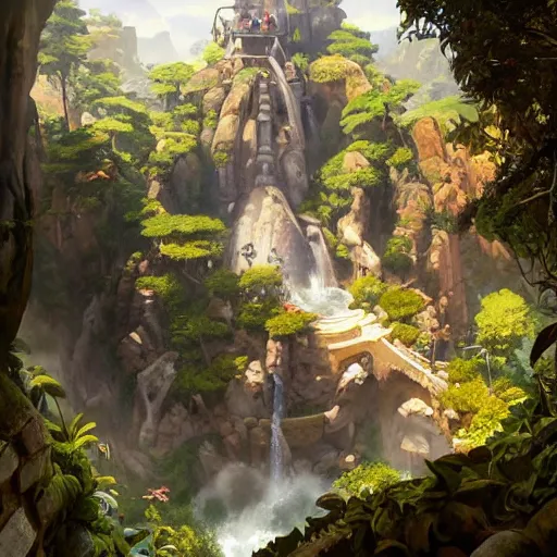 Image similar to worm's eye view of overwatch headquarters carved inside a mountain surrounding a lush well kept garden, central waterfall, magical, natural light, fantasy, sharp focus, concept art, by greg rutkowski and craig mullins, cozy atmospheric