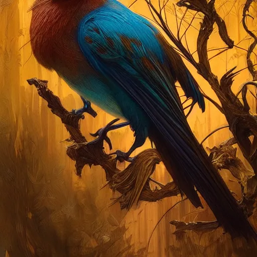 Image similar to carved wooden colorful bird, golden crown, dark, rusty, fantasy forest, highly detailed, realistic, artstation, concept art, smooth, sharp focus, illustration, art by artgerm and greg rutkowski and alphonse mucha