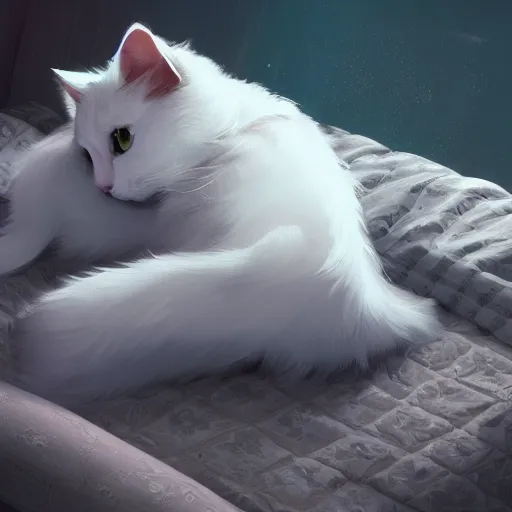 Image similar to a white cat lying on the bed, characterized by roman shipunov, etienne hebinger, atey ghailan, cgsociety, fantasy art, 2 d game art