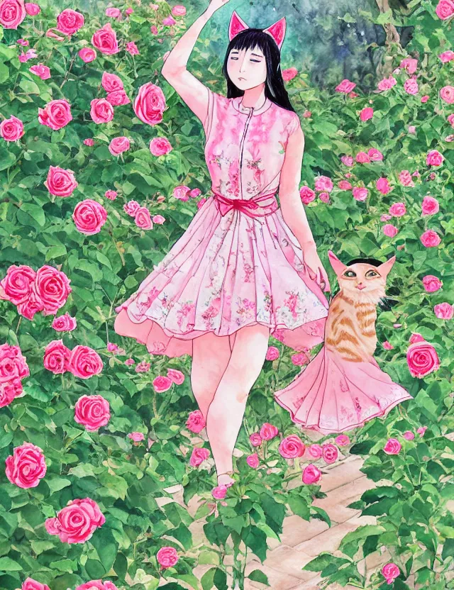 Prompt: central asian woman with cat ears, wearing a lovely dress in a rose garden. this watercolor painting by the award - winning mangaka has impeccable lighting, an interesting color scheme and intricate details.