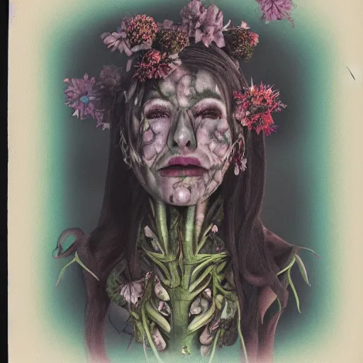 Image similar to a beautiful detailed front view portrait of a rotten woman corpse with fractal plants and fractal flowers growing around, volumetric light, beautiful lit, polaroid photography