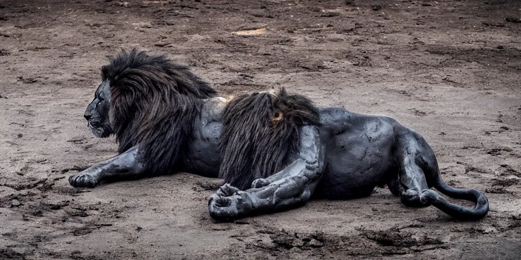 Prompt: a shiny, black, lion made of tar laying inside the tar pit, full of tar, covered with liquid tar. dslr, photography, realism, animal photography, color, savanna, wildlife photography