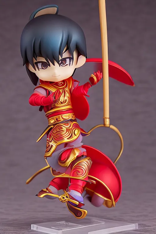 Image similar to arty chinese mythology ne zha nendoroid full body hyperdetalied, hero pose, osamu tezuka, macoto takahashi, chibi, q posket, 8 k realistic, 3 d, cryengine, exquisite, red cloth around his shoulders, hold spear, ne zha ( 2 0 1 9 ), fenghua zhong,