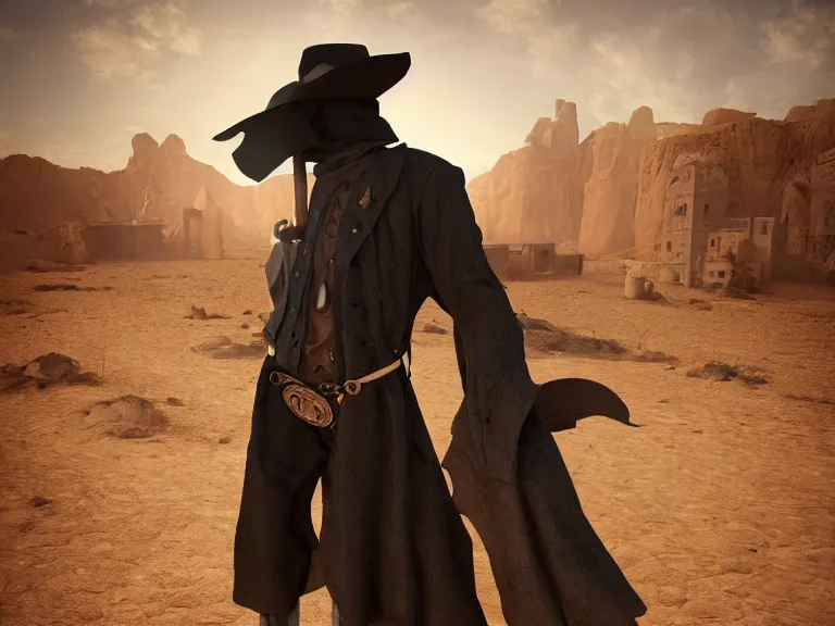 Prompt: plague doctor cowboy standing near a western town in the desert, wearing ragged cool clothes, dynamic lighting, fantasy photorealistic concept art, cinematic, dusty