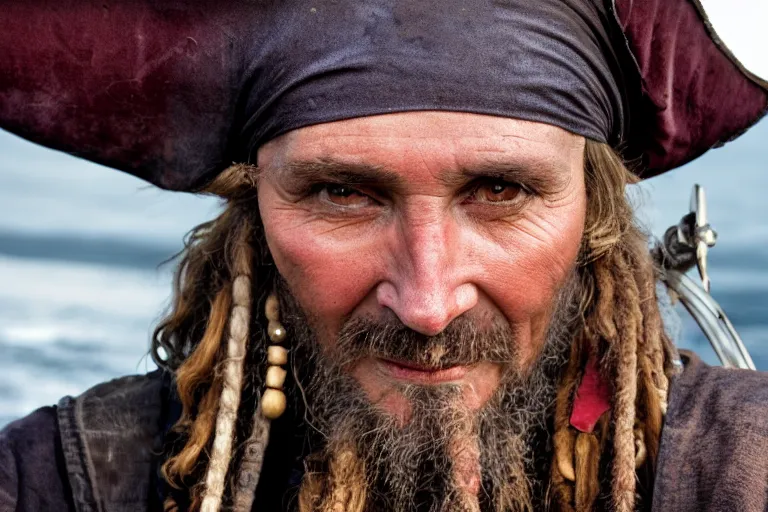 Prompt: closeup old pirate with a flintlock pistol on an old pirate ship, by emmanuel lubezki