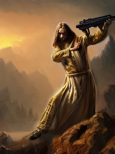 Image similar to jesus christ firing ak - 4 7. intricate, elegant, highly detailed, digital painting, artstation, concept art, sharp focus, illustration, by justin gerard and artgerm, 8 k