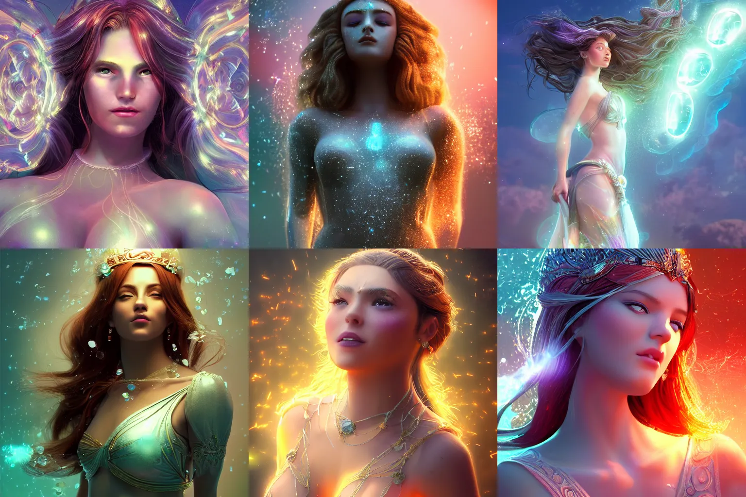 Prompt: a beautiful female goddess of glass character, character is in all its glory, character is in her natural relaxed pose, rim lights, particles and dust in the air, fancy clouds, highly detailed professional photo, dynamic lights, particles are flying, depth of field, trending on artstation, professional illustration, hyper realistic, vray caustics, super detailed, colorful accents, cinematic shot