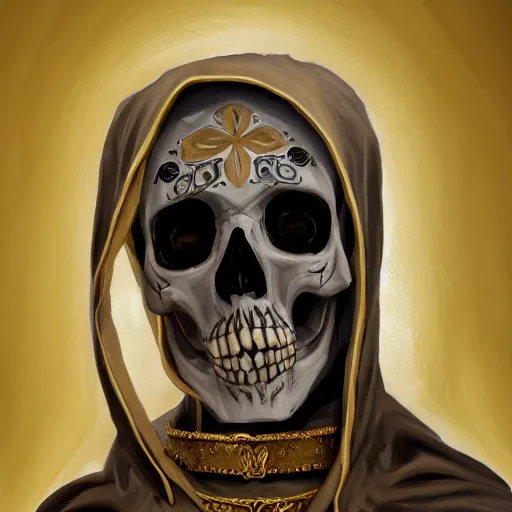 Image similar to a close up portrait of a skeleton dressed like a saint with a gold realistic aura in an old medieval church, 2d, ultra highly detailed, digital painting, smooth, sharp focus, artstation, pixiv, art by Ilya Kuvshinov