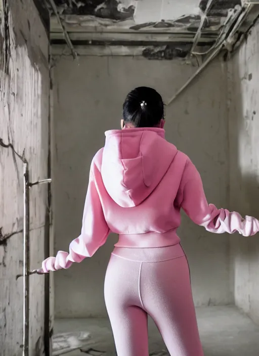 Prompt: kylie jenner doing graffiti in a derelict room, dust mist, rear-shot, pov from behind, tight white leggings with a pink hoody with hood up, mold, greenery, intricate, epic lighting, cinematic composition, hyper realistic, 8k resolution, unreal engine 5