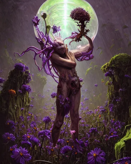 Image similar to the platonic ideal of flowers, rotting, insects and praying of cletus kasady carnage thanos davinci dementor wild hunt chtulu mandelbulb ponyo heavy rain the witcher, d & d, fantasy, ego death, decay, dmt, psilocybin, concept art by randy vargas and greg rutkowski and ruan jia and alphonse mucha