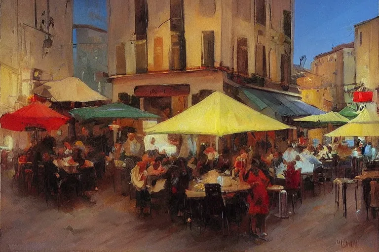 Image similar to “ italian street restaurant on the boulevard, simon pasini ”