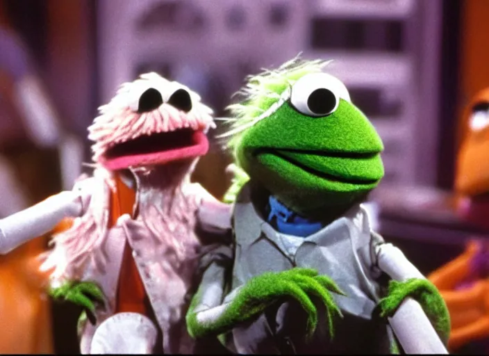 Prompt: scene from the 1 9 8 6 science fiction film muppet aliens