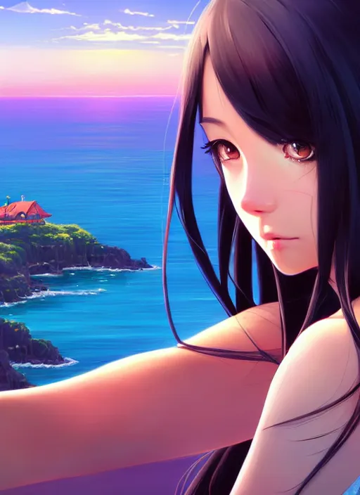 Image similar to a beautiful girl with long black hair in, island background, intricate, highly detailed, digital painting, artstation, official media, anime key visual, concept art, rich vivid colors, ambient lighting, sharp focus, illustration, art by Artgerm, Makoto Shinkai, Ilya Kuvshinov, Lois Van Baarle, and Rossdraws