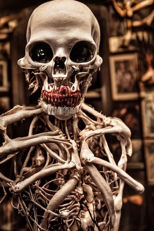 Image similar to close up portrait inside a museum, a room where anatomical body parts are piece of arts by Rob Bottin at night, filth and grim, very detailed, ultra realistic photography 50mm lens, grainy image