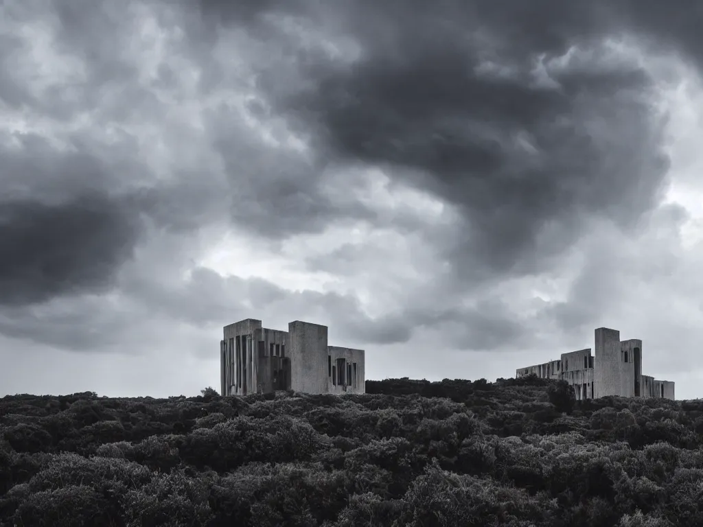 Image similar to photo of a brutalist cathedral built over a hill, in the middle of a storm. realistic clouds that resemble levitating large rocks. impressive, magical, very atmospheric, cinematic, deep, very high complexity, stunning, dramatic masterpiece, iridescent, chiaroscuro, romantic, very detailed. 4 k