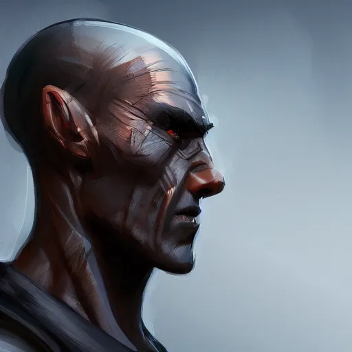 Prompt: a profile photo of a man, side profile, D&D, sci-fi, elegant, sinister, muscular, highly detailed, digital painting, artstation, concept art, smooth, sharp focus, illustration