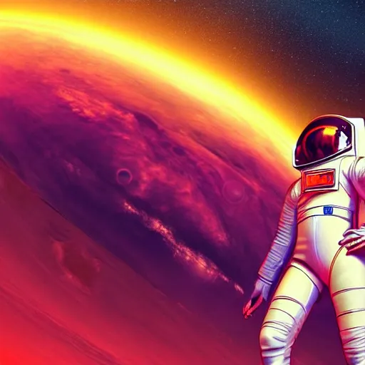 Image similar to A wide angle shot from below of a female astronaut with a feminine body walking with swagger towards camera on mars in an infinite universe , synthwave digital art