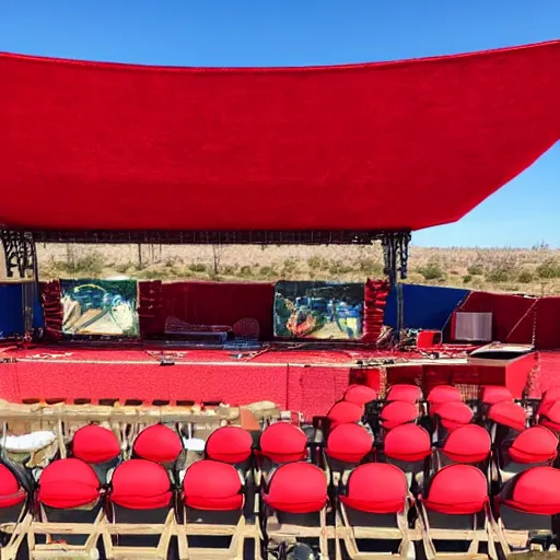 Image similar to pov seen from the stands of an outdoor show in a desert, the seats are in red velvet and comfortable, the stage is surrounded by wooden barriers