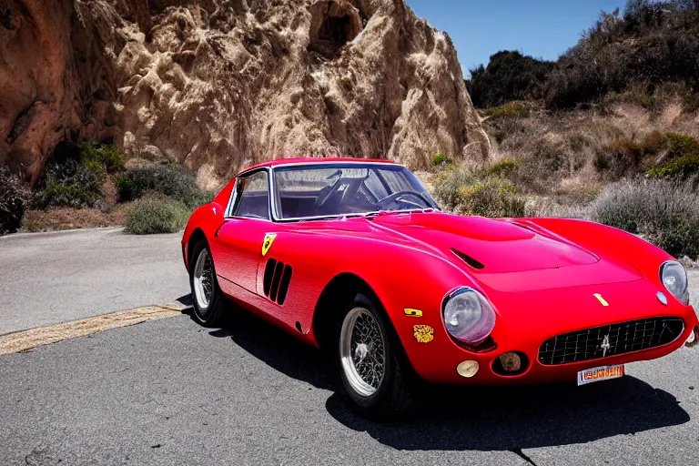 Image similar to cinematography of Ferrari 250 GTO series 2 on El Matador State Beach by Emmanuel Lubezki