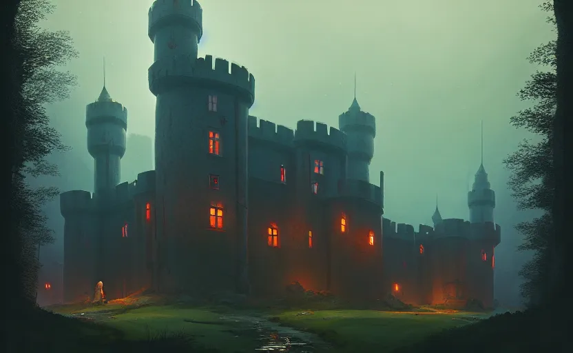 Prompt: an old english castle with moody and cinematic lighting by simon stalenhag and illya repin, cinematic and atmospheric, concept art, artstation, trending on artstation