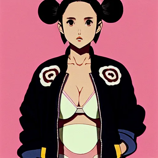 Image similar to a beautiful japanese natalie portman gravure model, wearing oversized native designer bomber jacket and leotard with overalls, bulky poofy bomber jacket with mesoamerican patterns, mesoamerican native street fashion, gapmoe yandere grimdark, trending on pixiv fanbox, painted by greg rutkowski makoto shinkai takashi takeuchi studio ghibli, akihiko yoshida