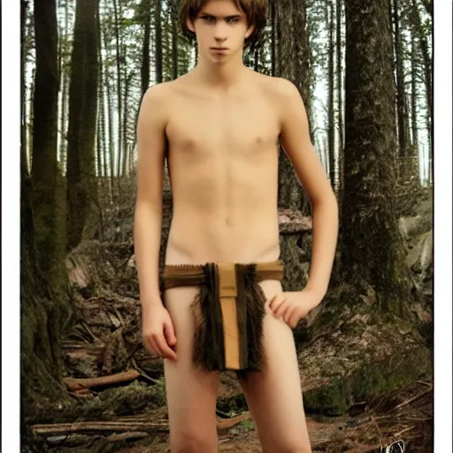 Image similar to a teenage boy, around 1 9 yo. looking sad. natural brown hair. loincloth, pale skin. detailed face. ominous and eerie looking forest i'm background. natural colors.