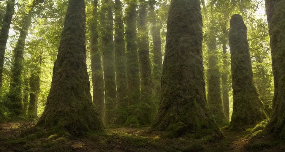 Image similar to giant towering chess pieces in a forest, low angle view, storybook, beautiful, soft lighting, artstation,