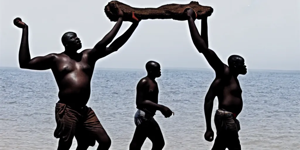 Image similar to giant african man carrying a slave - ship with his arms