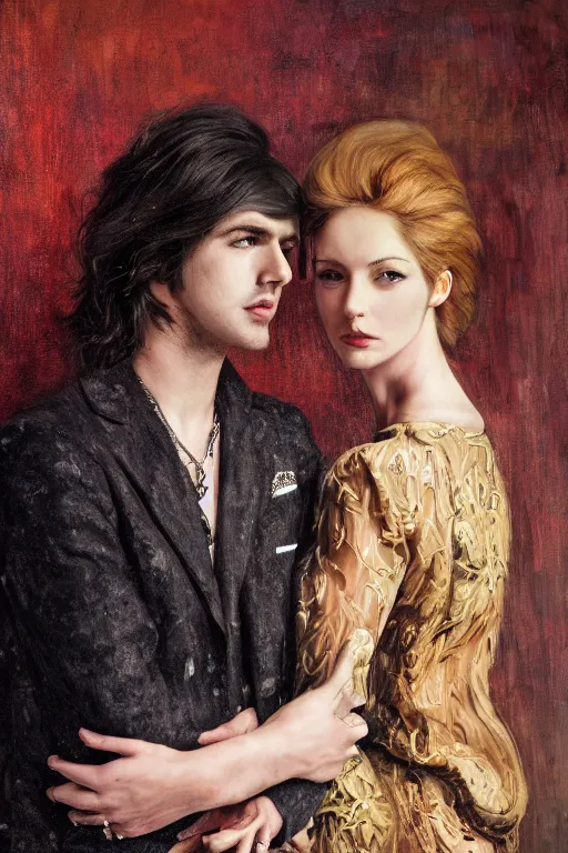 Image similar to a portrait of handsome young male 1960s rock star with long hair and his elegant beautiful 1960s bohemian wife, bored, illustration, dramatic lighting, soft details, painting oil on canvas, art nouveau, octane render, HDR, 4k, 8k, HD, by Edmund Blair Leighton, Brom, Charlie Bowater, trending on artstation, faces by Tom Bagshaw, Sargent