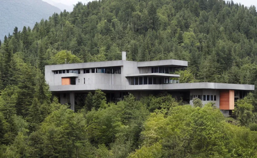 Prompt: colossal brutalist house on a secluded mountain with trees around