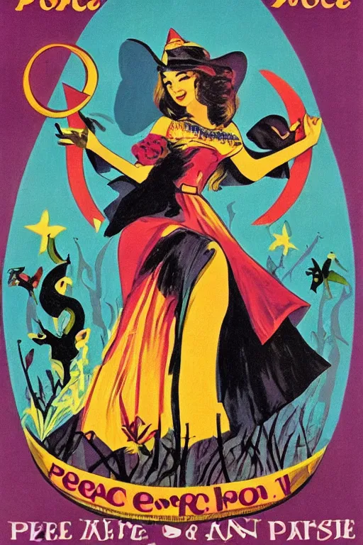 Image similar to poster for peace and love and harmony witch, 1 9 6 0 s