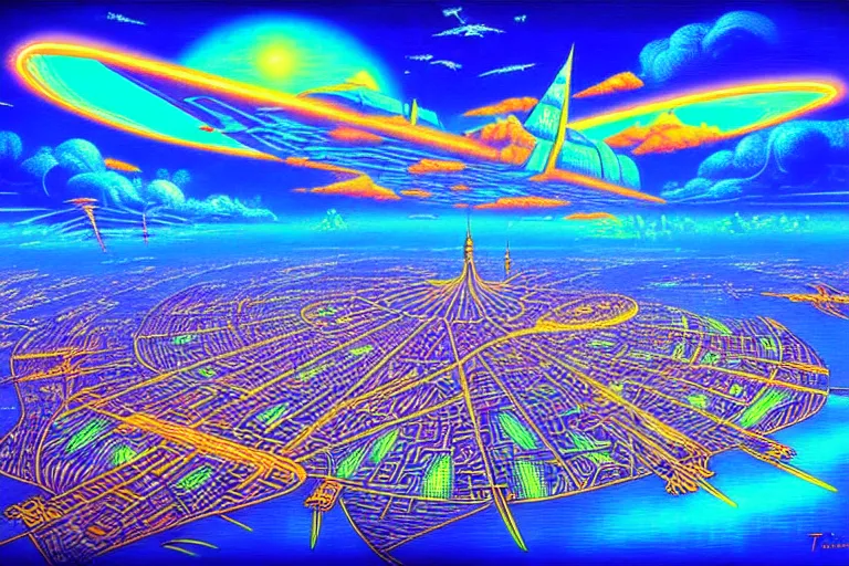 Prompt: Flying island fortress-city in the sky, a fantasy sci-fi dreamworld painting in neon geometric inks, art nouveau by Terese Edvard Guay Kinkade