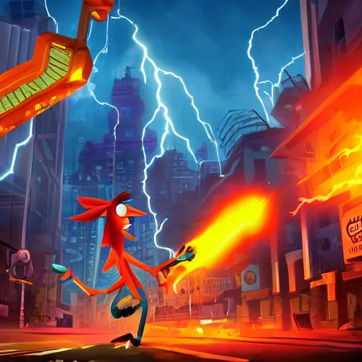 Prompt: digital art, trending on artstation, a giant crash bandicoot shooting lightning from his eyes destroying a city