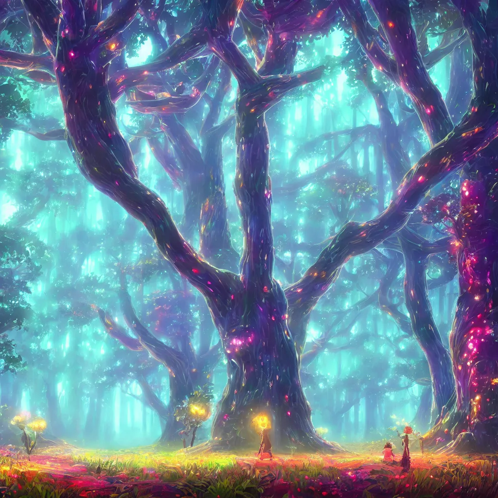 Image similar to huge trees, misty nighttime. radiating colorful energy. photorealistic, moody atmosphere,, holographic undertones, intricate and detailed, highly saturated colors. ori and the blind forest, breath of the wild style, studio ghibli!!!. trending on artstation. award winning, daily deivation